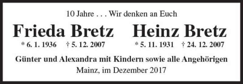  Traueranzeige für Heinz Bretz vom 16.12.2017 aus Trauerportal Rhein Main Presse