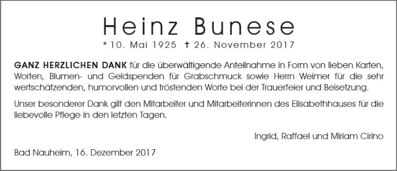  Traueranzeige für Heinz Bunese vom 16.12.2017 aus Trauerportal Echo Online