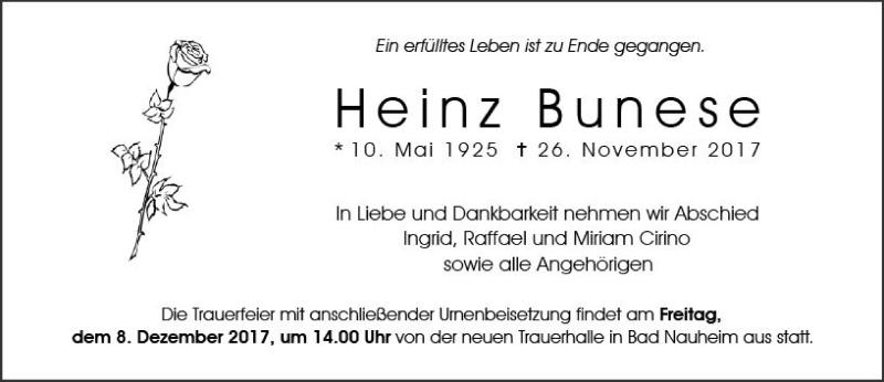  Traueranzeige für Heinz Bunese vom 06.12.2017 aus Trauerportal Echo Online