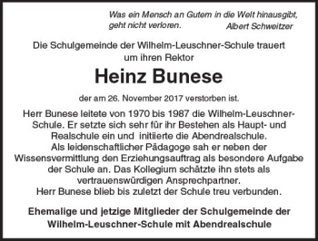 Traueranzeige von Heinz Bunese von Trauerportal Echo Online