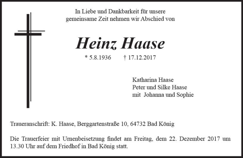  Traueranzeige für Heinz Haase vom 20.12.2017 aus Trauerportal Echo Online