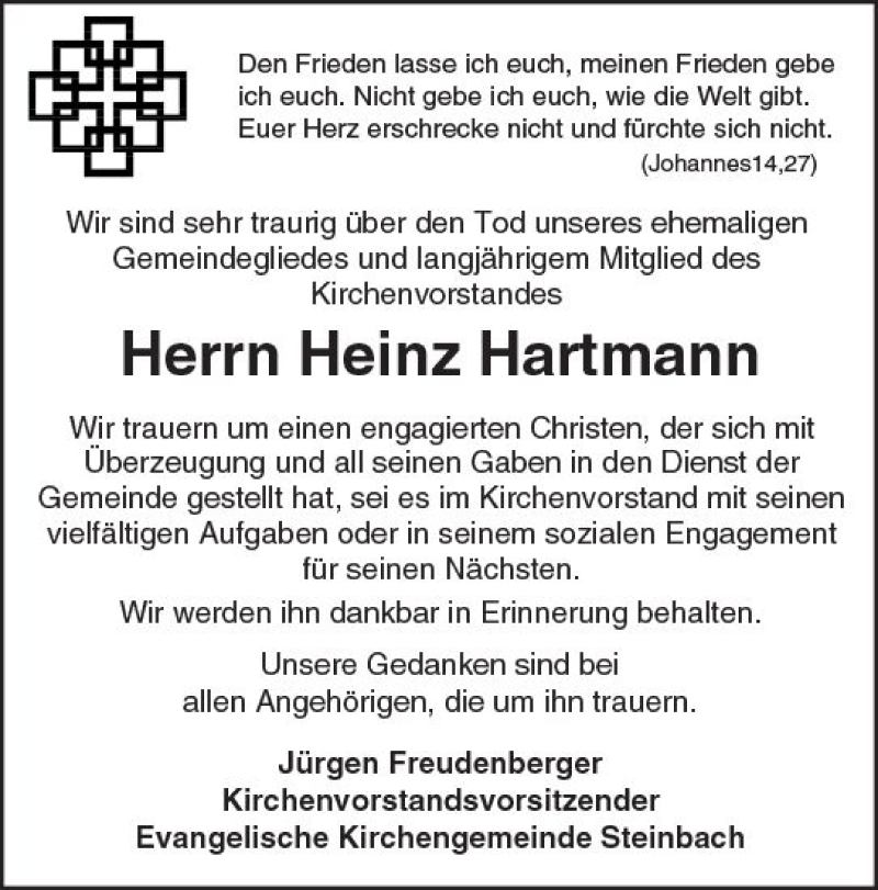  Traueranzeige für Heinz Hartmann vom 23.12.2017 aus Trauerportal Echo Online