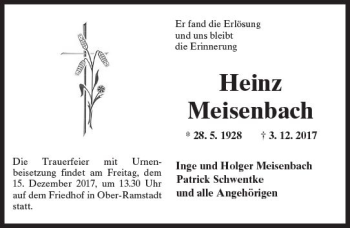 Traueranzeige von Heinz Meisenbach von Trauerportal Echo Online