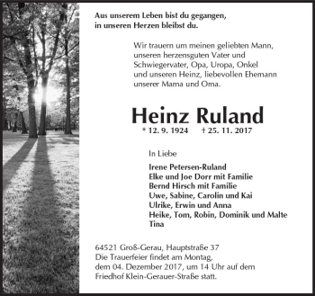 Traueranzeige von Heinz Ruland von Trauerportal Echo Online