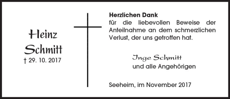  Traueranzeige für Heinz Schmitt vom 02.12.2017 aus Trauerportal Echo Online