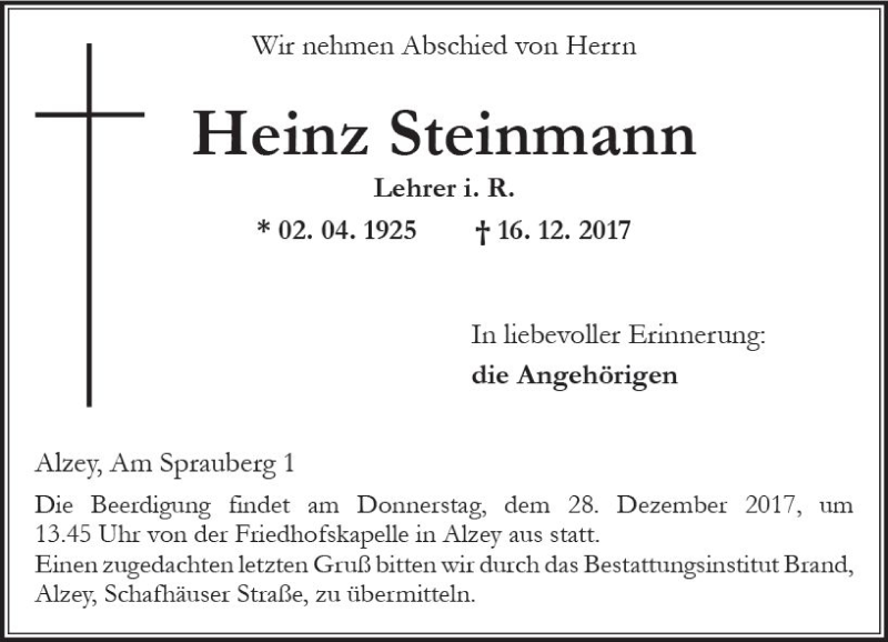  Traueranzeige für Heinz Steinmann vom 21.12.2017 aus Trauerportal Rhein Main Presse