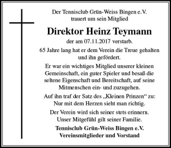 Traueranzeige von Heinz Teymann von Trauerportal Rhein Main Presse