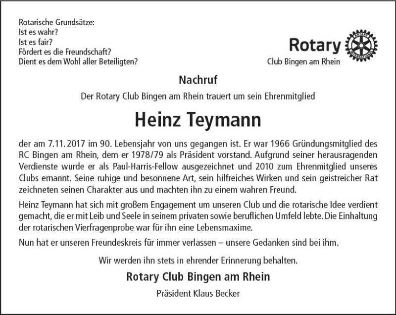  Traueranzeige für Heinz Teymann vom 02.12.2017 aus Trauerportal Rhein Main Presse