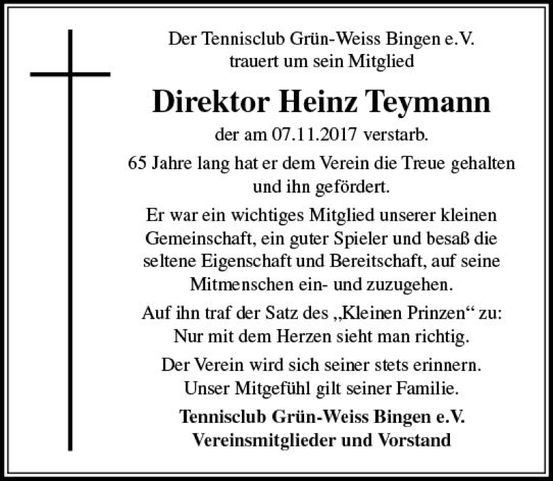  Traueranzeige für Heinz Teymann vom 02.12.2017 aus Trauerportal Rhein Main Presse