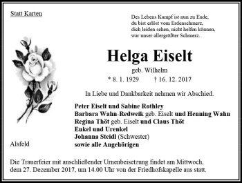 Traueranzeige von Helga Eiselt von VRM Trauer