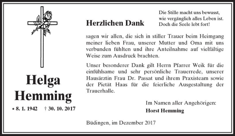  Traueranzeige für Helga Hemming vom 02.12.2017 aus  Kreisanzeiger