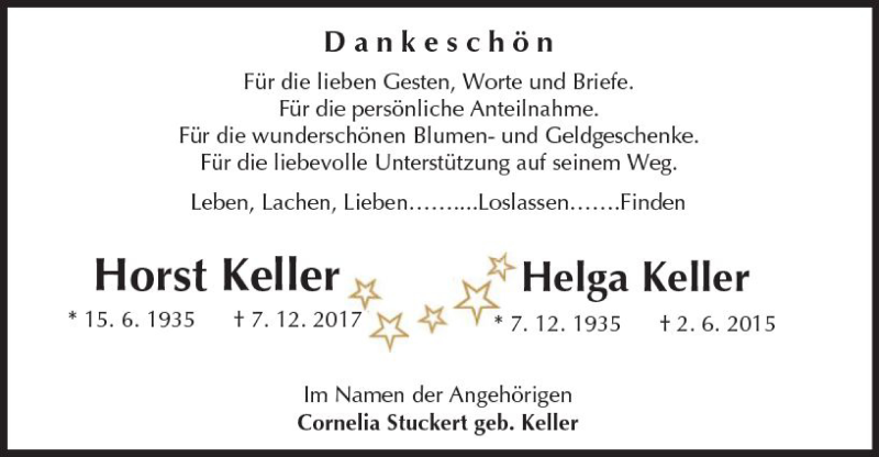  Traueranzeige für Helga Keller vom 30.12.2017 aus Trauerportal Echo Online