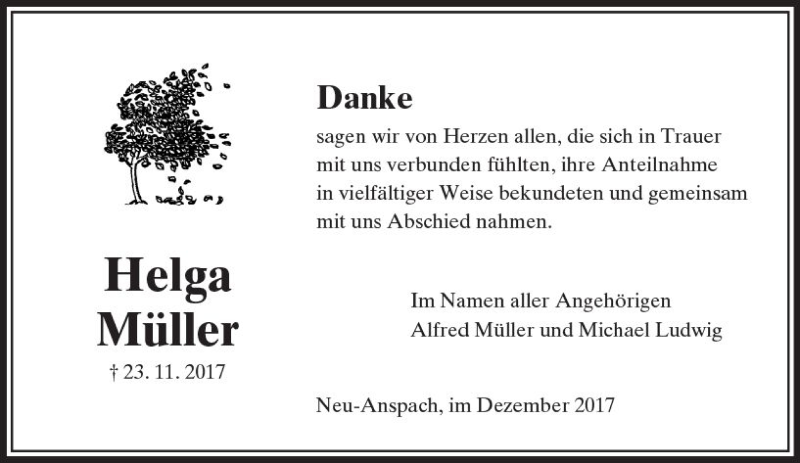  Traueranzeige für Helga Müller vom 12.12.2017 aus  Usinger Anzeiger