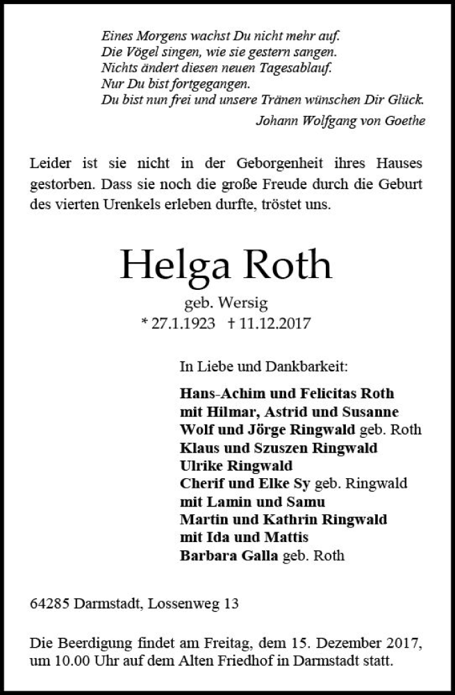  Traueranzeige für Helga Roth vom 13.12.2017 aus Trauerportal Echo Online