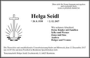 Traueranzeige von Helga Seidl von Trauerportal Echo Online