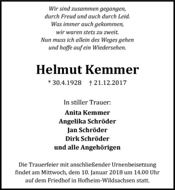 Traueranzeige von Helmut Kemmer von Trauerportal Rhein Main Presse