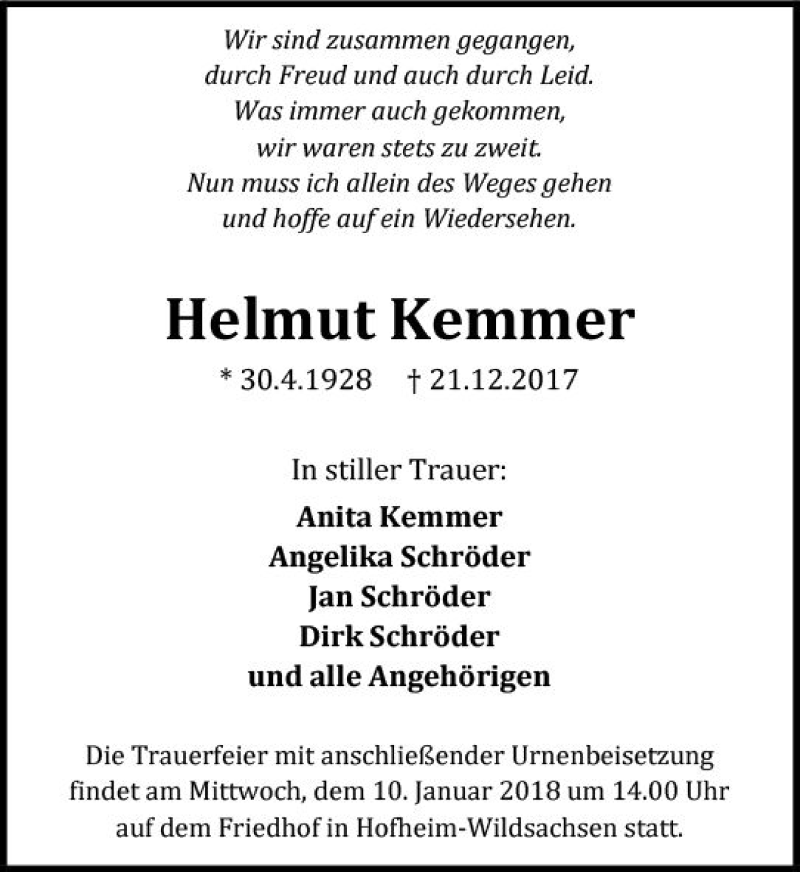  Traueranzeige für Helmut Kemmer vom 30.12.2017 aus Trauerportal Rhein Main Presse