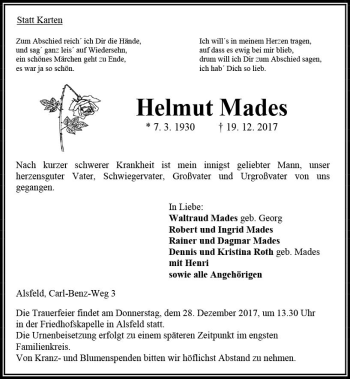 Traueranzeige von Helmut Mades von VRM Trauer