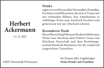 Traueranzeige von Herbert Ackermann von Trauerportal Echo Online