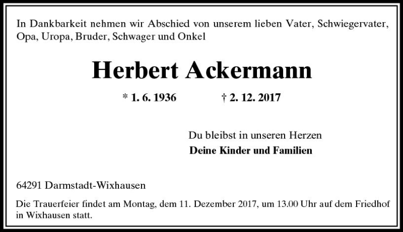  Traueranzeige für Herbert Ackermann vom 11.12.2017 aus Trauerportal Echo Online