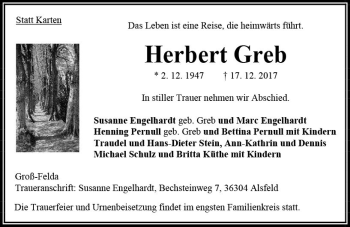 Traueranzeige von Herbert Greb von VRM Trauer