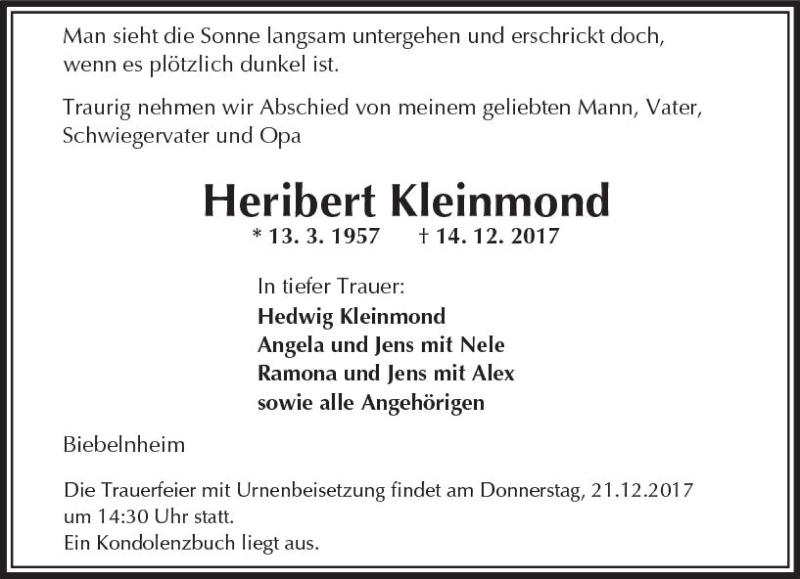  Traueranzeige für Heribert Kleinmond vom 16.12.2017 aus Trauerportal Rhein Main Presse