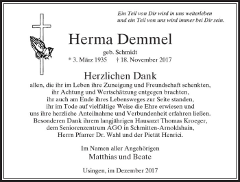 Traueranzeige von Herma Demmel von  Usinger Anzeiger