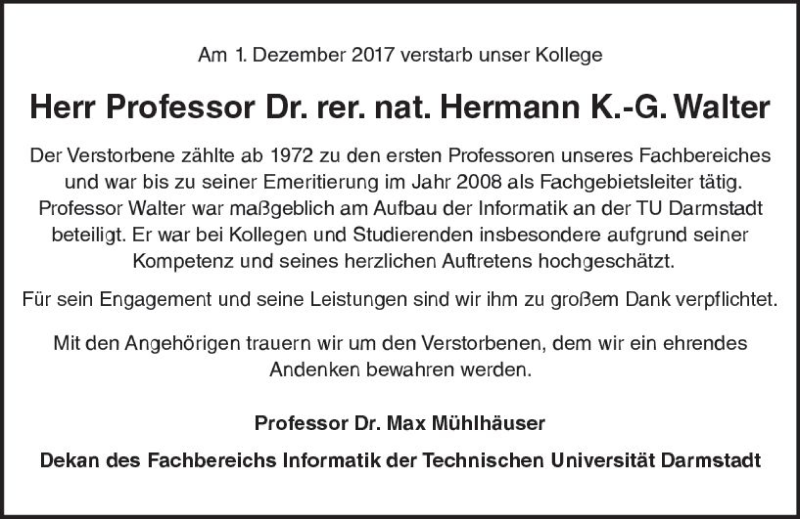  Traueranzeige für Hermann K-G. Walter vom 16.12.2017 aus Trauerportal Echo Online