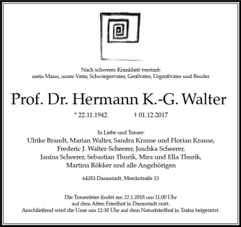 Traueranzeige von Hermann K-G. Walter von Trauerportal Echo Online