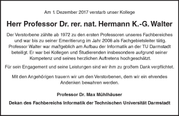 Traueranzeige von Hermann K-G. Walter von Trauerportal Echo Online