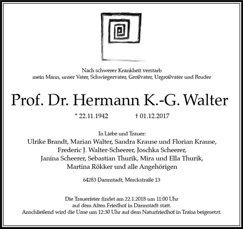  Traueranzeige für Hermann K-G. Walter vom 16.12.2017 aus Trauerportal Echo Online