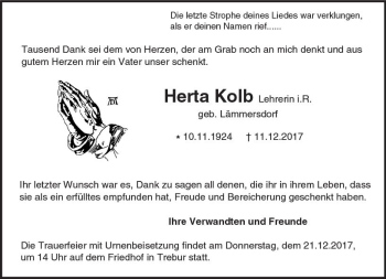 Traueranzeige von Herta Kolb von Trauerportal Echo Online