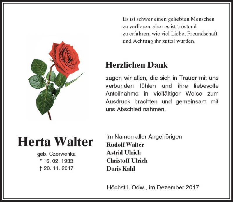 Traueranzeige für Herta Walter vom 16.12.2017 aus Trauerportal Echo Online