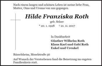 Traueranzeige von Hilde Franziska Roth von Trauerportal Rhein Main Presse