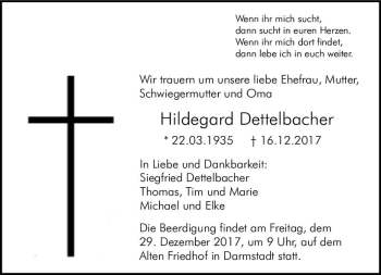 Traueranzeige von Hildegard Dettelbacher von Trauerportal Echo Online