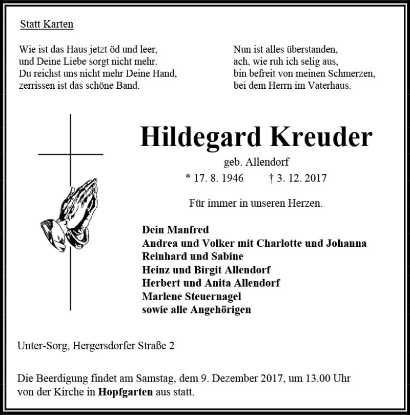  Traueranzeige für Hildegard Kreuder vom 06.12.2017 aus VRM Trauer