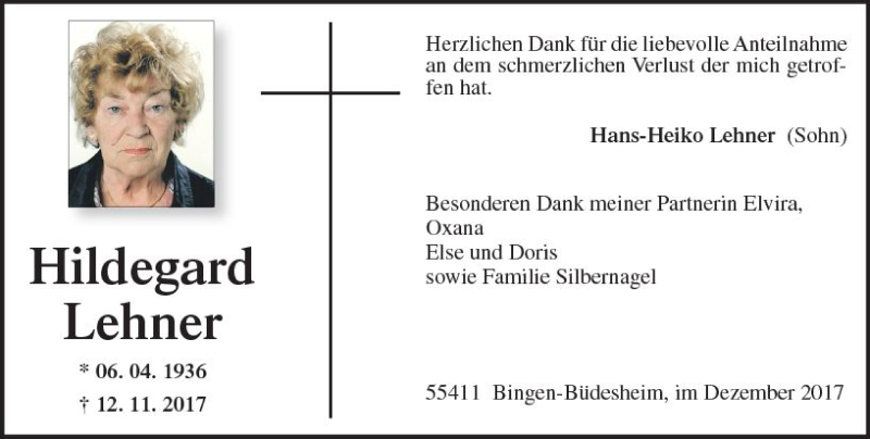  Traueranzeige für Hildegard Lehner vom 23.12.2017 aus Trauerportal Rhein Main Presse