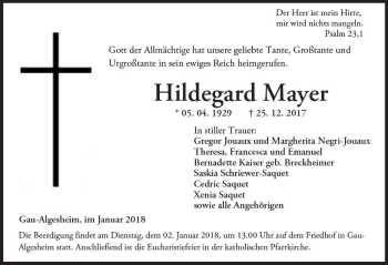 Traueranzeige von Hildegard Mayer von Trauerportal Rhein Main Presse