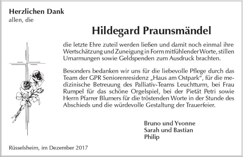  Traueranzeige für Hildegard Praunsmändel vom 02.12.2017 aus Trauerportal Rhein Main Presse