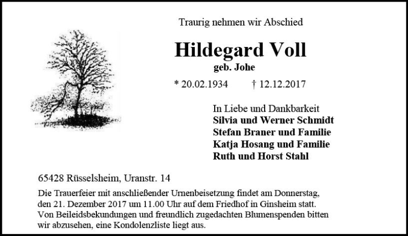  Traueranzeige für Hildegard Voll vom 16.12.2017 aus Trauerportal Rhein Main Presse