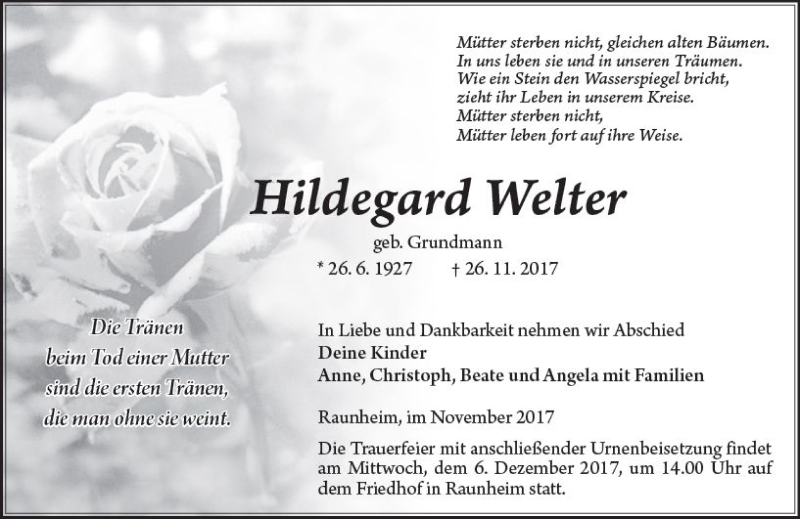  Traueranzeige für Hildegard Weiter vom 02.12.2017 aus Trauerportal Rhein Main Presse
