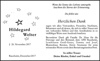 Traueranzeige von Hildegard Welter von Trauerportal Rhein Main Presse