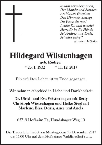 Traueranzeige von Hildegard Wüstenhagen von Trauerportal Rhein Main Presse