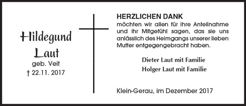  Traueranzeige für Hildegund Laut vom 22.12.2017 aus Trauerportal Rhein Main Presse