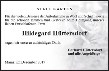 Traueranzeige von Hildgard Hüttersdorf von Trauerportal Rhein Main Presse