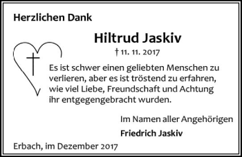 Traueranzeige von Hiltrud Jaskiv von Trauerportal Echo Online