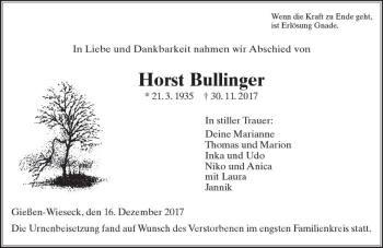 Traueranzeige von Horst Bullinger von  Gießener Anzeiger