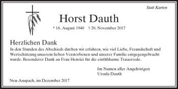 Traueranzeige von Horst Dauth von  Usinger Anzeiger