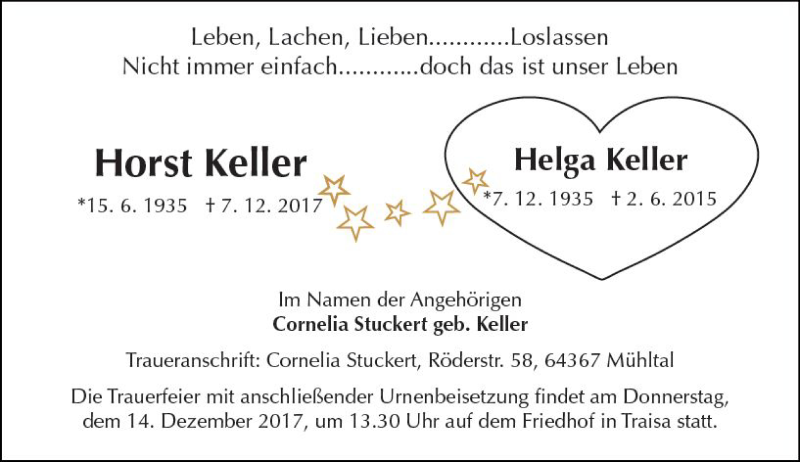  Traueranzeige für Horst Keller vom 09.12.2017 aus Trauerportal Echo Online