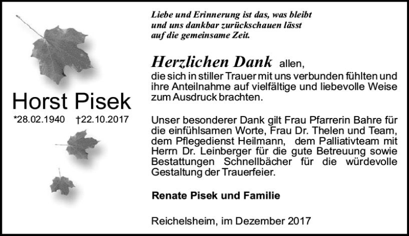  Traueranzeige für Horst Pisek vom 02.12.2017 aus Trauerportal Echo Online